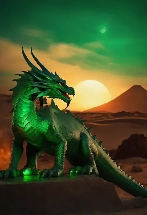 a large green and emerald dragon, sitting on an ancient Egyptian altar, has dark green eyes glowing in the twilight, there are heroglyphs on the walls, in the background you can see a volcano from which blue lava flows. The sky is clear and the full moon i...