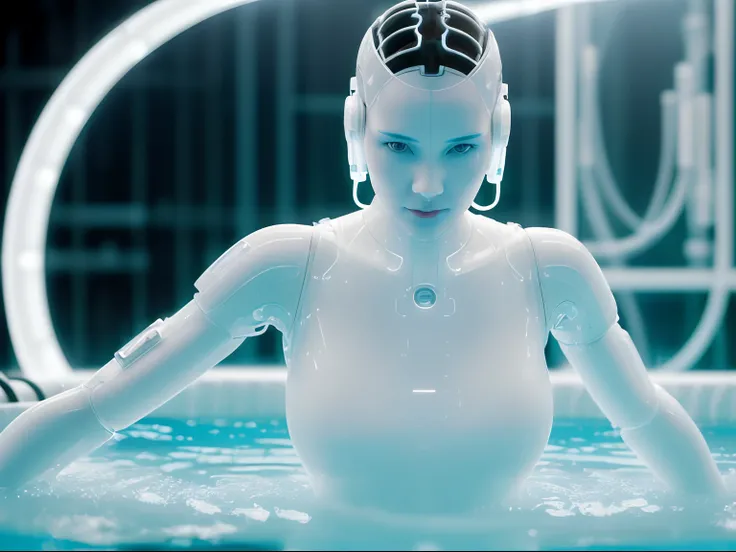 cyborg woman emerging from a pool of white liquid, top half of her body is visible, (((she is coming out of the liquid towards t...