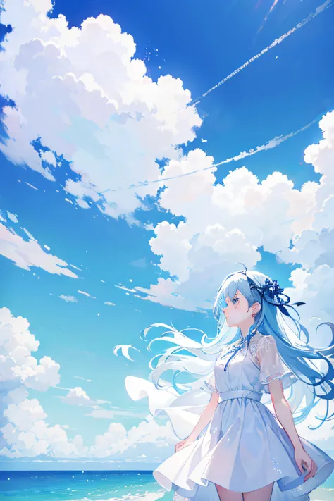 A girl dressed in a white dress and a boy looking at the blue sky and white clouds