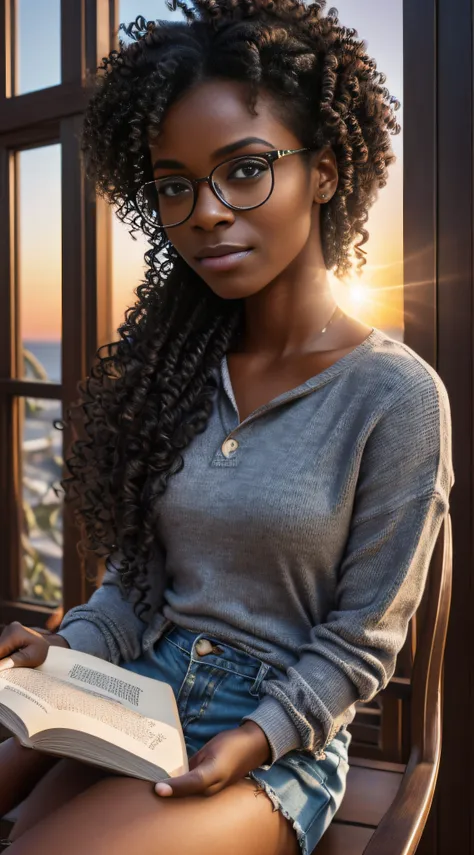 realistic portrait of a cute twenty-year-old african-american girl ((dark skin color)) reading a book, ((sitting in a chair by t...