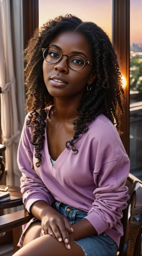 realistic portrait of a cute twenty-year-old african-american girl ((dark skin color)) reading a book, ((sitting in a chair by t...