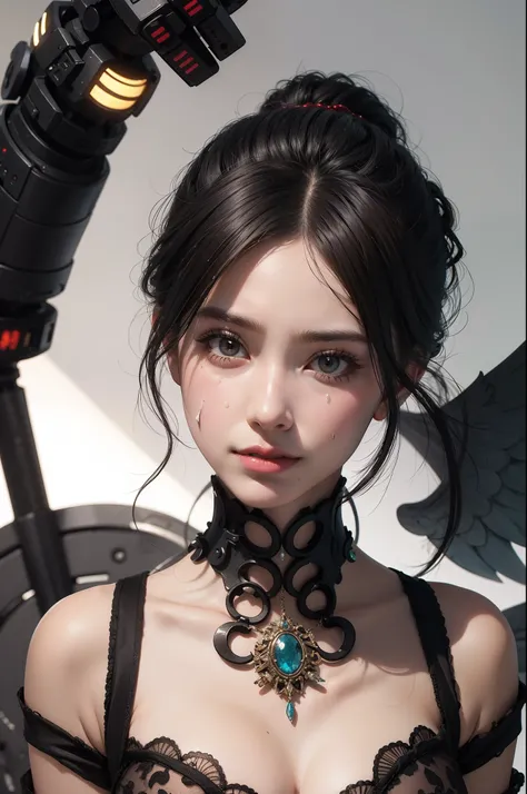 masterpiece, best quality, 32k uhd, insane details, intricate details, hyperdetailed, hyper quality, high detail, ultra detailed, Masterpiece, An angel-faced female robot, wailcryChinese punk, in the style of meticulous realism, 32k uhd, high quality pho...