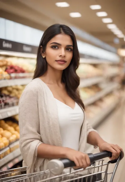 portrait of a confident Indian woman in a modern attire in a shopping mall with shopping kart , 20 years old, confident, top notch 3d model, extremely beautiful, realistic, intricate facial details, no flowing capes, high quality, super detailed, hyper rea...