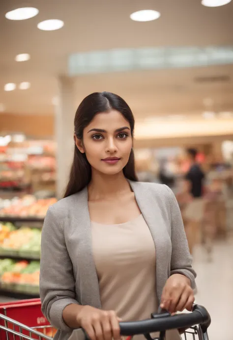 portrait of a confident Indian woman in a modern attire in a shopping mall with shopping kart , 20 years old, confident, top notch 3d model, extremely beautiful, realistic, intricate facial details, no flowing capes, high quality, super detailed, hyper rea...