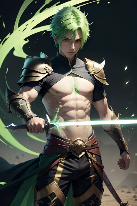 male, 3 swords, 4k green hair with green aura