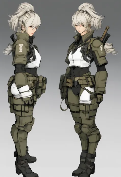 Base female mercenary character design, （treatment），concept design sheet, White background, style of yoji shinkawa,16-bit pixel art --s 750 --niji 5