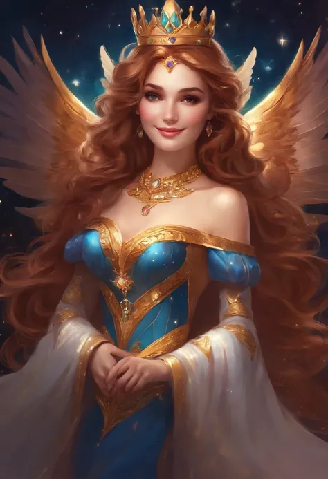 girl, smiling, prefect fit crown, beautiful face, smiling, small smile, cosmic woman , princess, beautiful wings, magical power, beauty girl, perfect breast