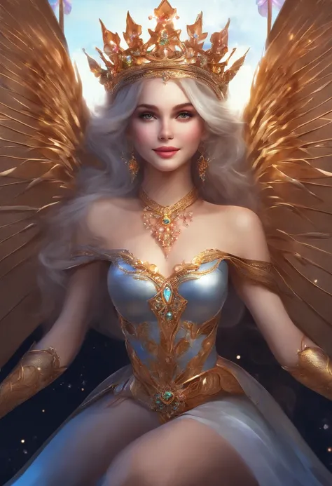 girl, smiling, prefect fit crown, beautiful face, smiling, small smile, cosmic woman , princess, beautiful wings, magical power, beauty girl, perfect breast