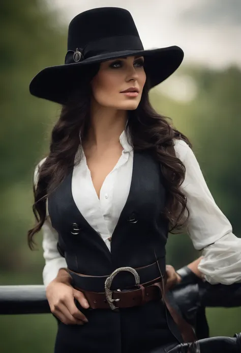 full body British women, blue eyes, black hair, wear a classic black round hat, white shirt, dark vest, dark long jacket, a belt with silver buckle, dark leather trousers, black boot, she bring a leather bag in her left hand, she is serious woman with big ...