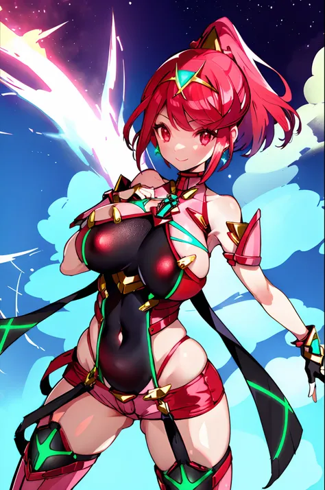 pyra (xenoblade), teen_1girl, loli, bangs, black gloves, breasts, red eyes, shout, earrings, eyelashes, fingerless gloves, floating hair, , gem, gloves, hair ornament, headpiece, jewelry, gigantic_breasts, leaning back, swimsuit, neon trim, official art, p...