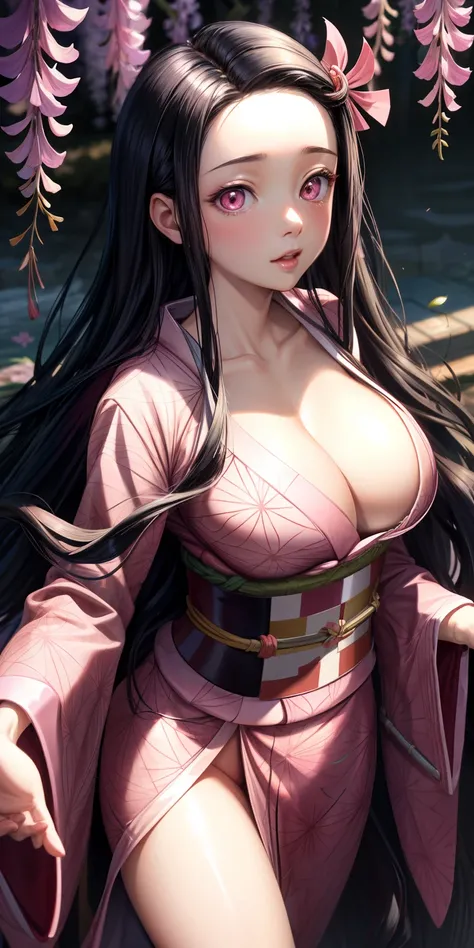 masterpiece, (pink kimono), seductive face, good lighting, cleavage, fine detail, masterpiece, glowing eyes, 1girl, black hair, sucking, nezuko kamado, wisteria background, masterpiece, best quality, pov,,