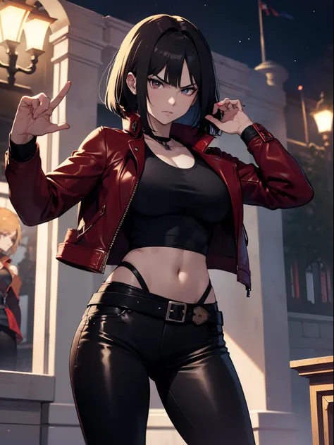 (Masterpiece), Anime Style, Image of a Gorgeous 25 Years Old British Female Vampire Mercenary with Athletic Body, (Shoulder-level Bob Black Hair), (One Person), (Red Leather Jacket, Black Tanktop, and Black Tight Pants:1.4), (Pale Skin:1.4), (Serious Face)...