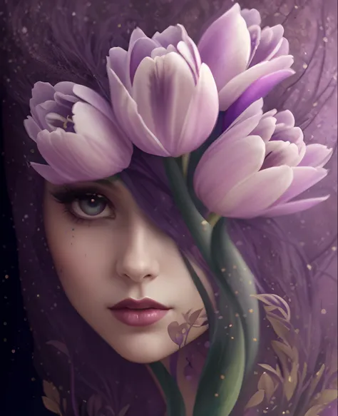 purple tulips are in the hair of a woman with a purple background, her face is a mauve flower, bloom. high fantasy, gorgeous digital art, beautiful digital art, flower goddess, natalie shau tom bagshaw, beautiful fantasy art portrait, flower storm portrait...