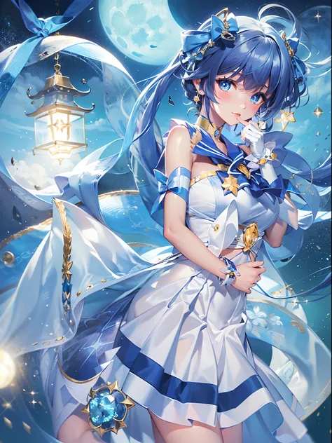 best quality,masterpiece,reality:0.8,1girl ,moonlight,under the moon,at night,rich background,((Ami Mizuno)),(Sailor Mercury,)Sailor suit, magical girl,dark blue hair, blue pupils, White pure blue skirt, blue collar with white stripes, light blue bows on t...