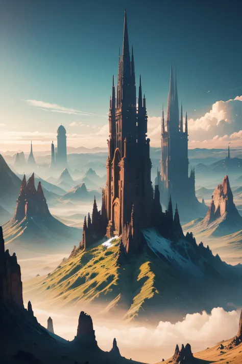 valley with giant spires touching the sky, Alien scenario from another planet