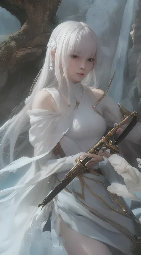 a close up of a woman with a sword in a white dress, a character portrait by Yang J, trending on cgsociety, fantasy art, beautiful character painting, artwork in the style of guweiz, guweiz, white hanfu, flowing white robes, full body wuxia, epic exquisite...