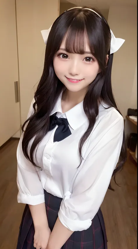 (Best Quality, 8K, 32K, masutepiece, nffsw:1.2),Hyper Detail Hair,Photo of Pretty Japanese girls,1girl in,18year old,japanaese girl,(A dark-haired:1.5),School uniform,White shirt,a bow tie, (directly in front:1.2), selfee, ((Smile:1.2)),((From shoulder up:...