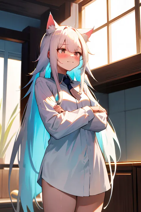 One girl with long hair, white hair, looking away, embarrassed, blushing, :3, indoor, naked oversized shirt, thigh , cat ears, cat tails, squating, cat pose, moe pose