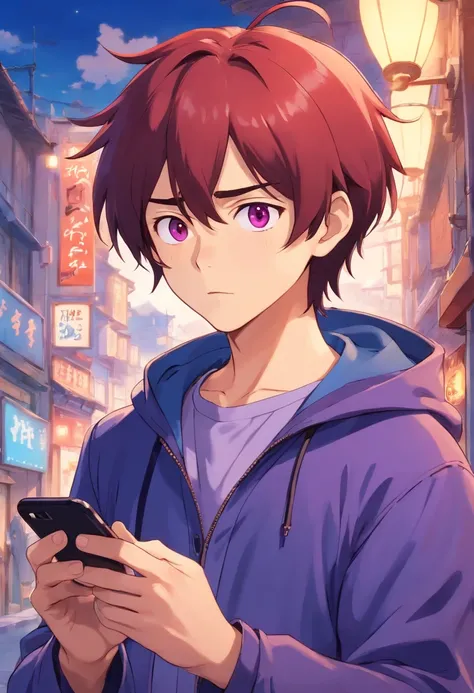 Anime boy looking at his phone，The background is blank, style of anime4 K, mamoru hosoda, kentaro miura art style, author：New Art, inspired by Shingei，Holding the phone in his left hand，A confused look，The mouth is open，brunette color hair，Red eyes，Standin...