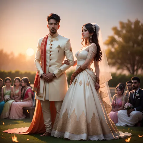 8k, ultra realistic, highly detailed, masterpiece, award winning picture, a couple, wedding portrait, indian style wedding,groom & bridal, standing,near , bonfire,wear wedding dress,sun set ,in marriage garden, tress,