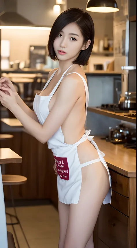 ((top quality, 8k, masterpiece: 1.3)), 1 beautiful Japan girls, beauties with slender abs: 1.3, (medium short hair, big: 1.2), (white naked apron: 1.3), ultra-detailed face, detailed eyes, double eyelids, café background, leaning forward, hands on knees,