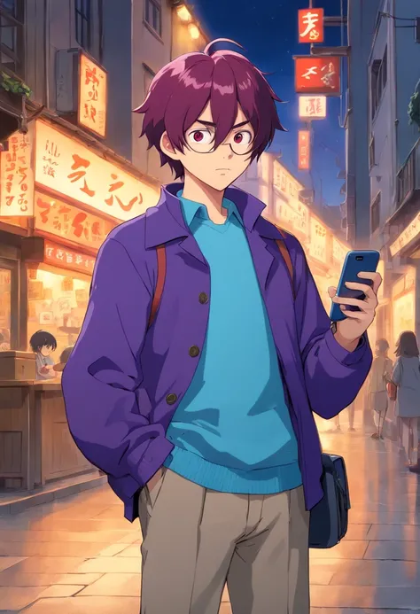 Anime boy looking at his phone，The background is blank, style of anime4 K, mamoru hosoda, kentaro miura art style, author：New Art, inspired by Shingei，Holding the phone in his left hand，A confused look，The mouth is open，brunette color hair，Red eyes，Standin...