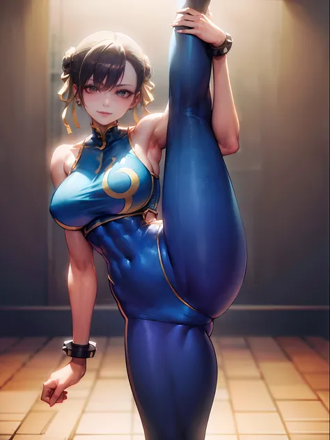 (masterpiece, best quality:1.4), (standing on one leg:1.2), (standing split:1.3), 1girl, solo, sfa chun, blue vest, unitard, blue pants, skintight, yellow ribbon, short hair, sneakers, bare shoulders, looking at viewer, beautifull smile, beautiful face, hi...