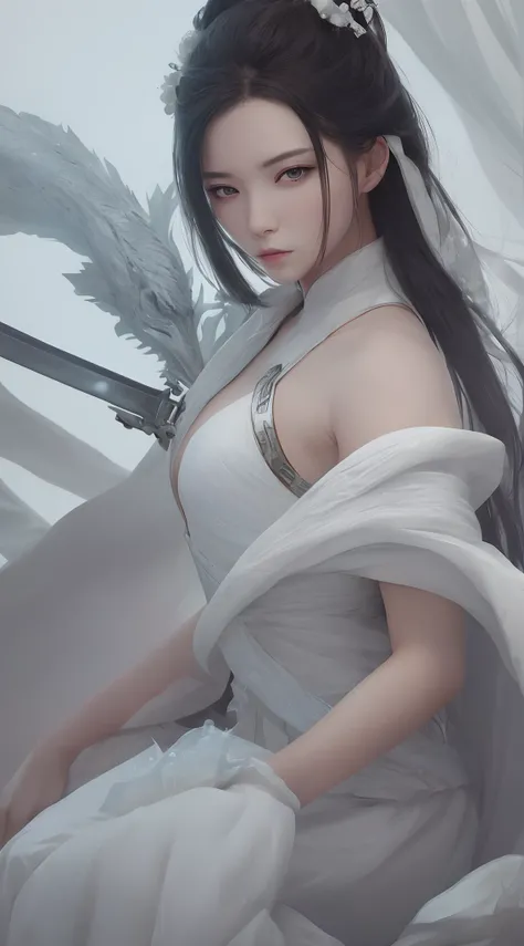 a close up of a woman with a sword in a white dress, a character portrait by Yang J, trending on cgsociety, fantasy art, beautiful character painting, artwork in the style of guweiz, guweiz, white hanfu, flowing white robes, full body wuxia, epic exquisite...