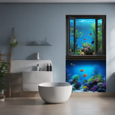 Realistic wall sticker neon blue tones with a large aquarium on the wall