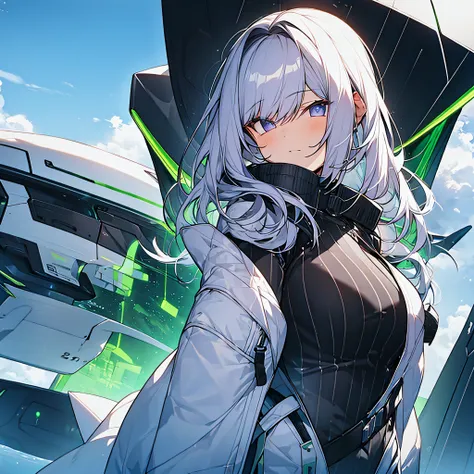 Silver-haired woman in modern fashionable spacesuit based on green and white、Hair is one-point color and lilac、Wearing a futuristic belt around his waist、Purple dark blue eyes、The background is the waterside