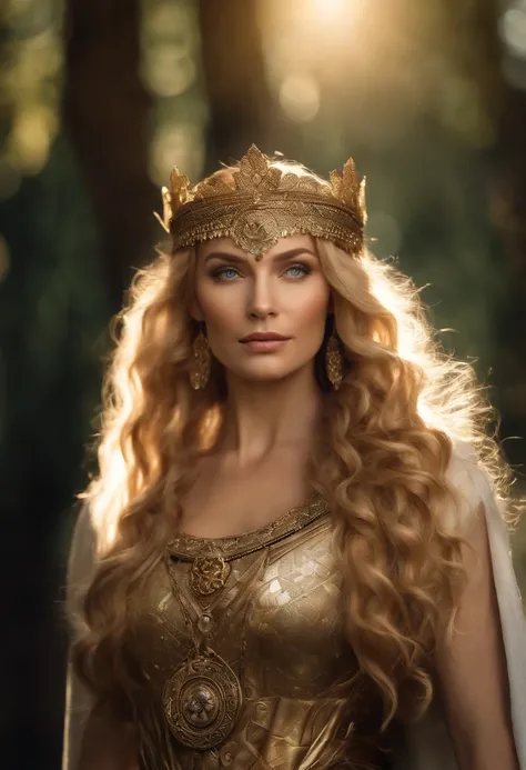 Generate a realistic 3D representation of Freyja, The Norse Goddess of Love, fertility and magic. She is a woman of divine beauty, with deep blue eyes and shining golden hair cascading around his shoulders. She wears elegant armor adorned with magical moti...