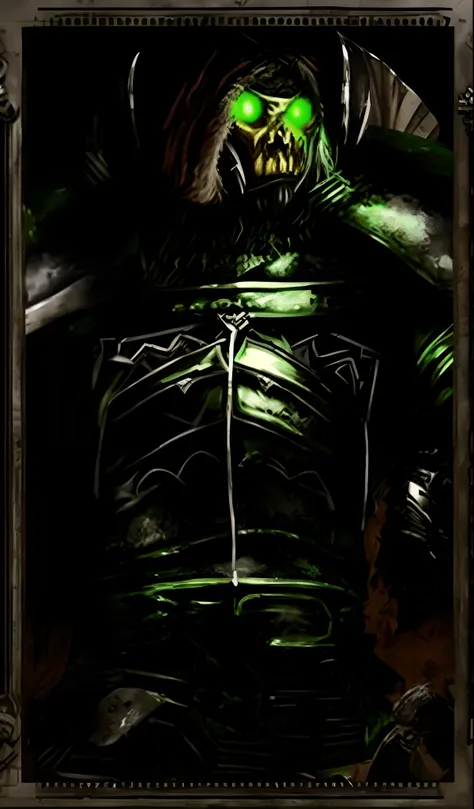 a close up of a person with a green eye in a picture, green armor, the lord of pestilence, portrait of an necromancer, wearing green battle armor, metallic green armor, w 4 0 k, vigo the carpathian, wearing green armor and helmet, ork, skaven, portrait of ...