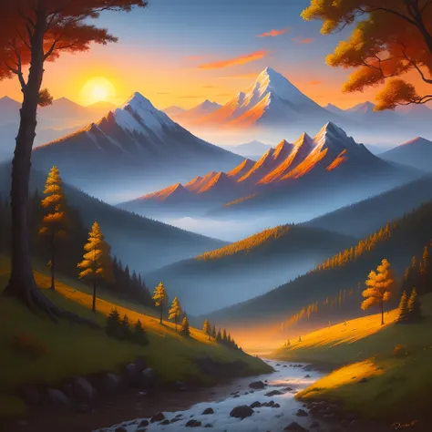 high mountain, dawn of the day,  wildlife, sun rising, bright colors, trees, beautiful landscape, sun rising oil painting