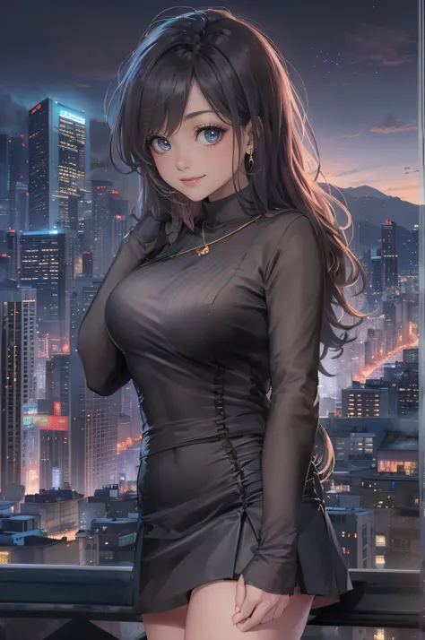 ((A beautiful and cute woman is changing her clothes)), ((A 22-year-old beauty)), ((A shy smile)), ((Long shiny hair)), ((A plump bust)), ((Miniskirt)), ((Blouse)), ((Gradient eyes)), ((The background is a night view of the city)), Attractive makeup, Singl...