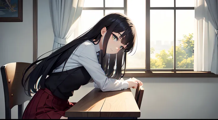 a beautiful junior high school student, (sit straight ),cute, uniform and skirt, (lustrous and black long hair),(bright eyes) ,gradient eyes, (sun light came in through the windows),(anime style),(CG), atmospheric perspective, masterpiece,((from side)), ac...