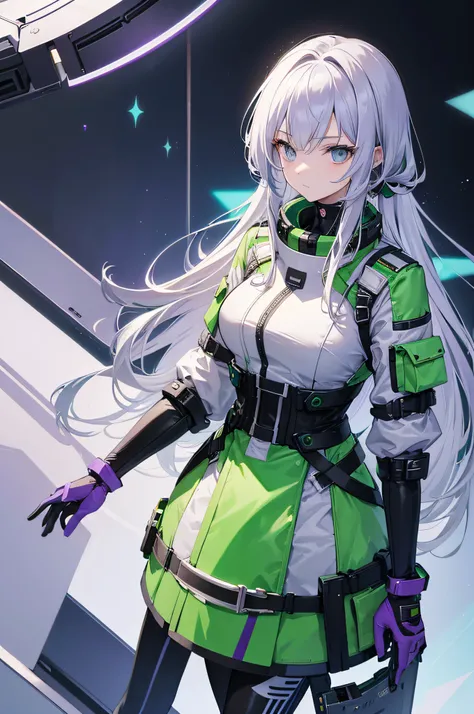 Silver-haired woman in modern fashionable spacesuit based on green and white、Hair is one-point color and lilac、Wearing a futuristic belt around his waist、Purple dark blue eyes、The background is the waterside