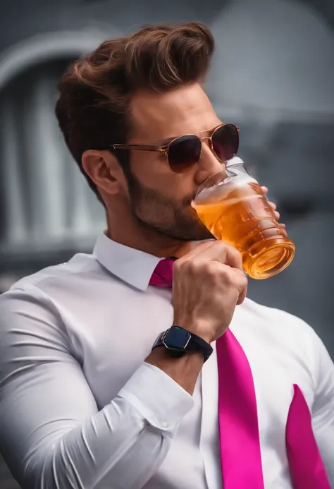 1man, 
a 30 y.o muscular male wearing long-sleeve white shirt and pink tie, drinking red bull, aviator sun glases. 
soft lighting, 
masterpiece, best quality, 8k uhd, dslr, film grain, Fujifilm XT3 photorealistic painting art by midjourney and greg rutkows...