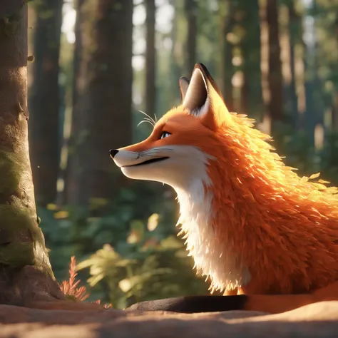 Create a scene where the fox is proudly showcasing its cleverness to the other forest animals. Make sure to emphasize the foxs confidence and arrogance, style Disney.