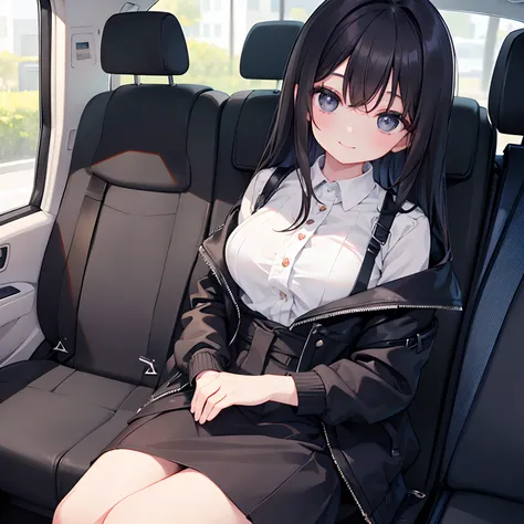 girl with、1 persons、Dark hair、Black eyes、length hair、A smile、Bolides、Sit in the back seat