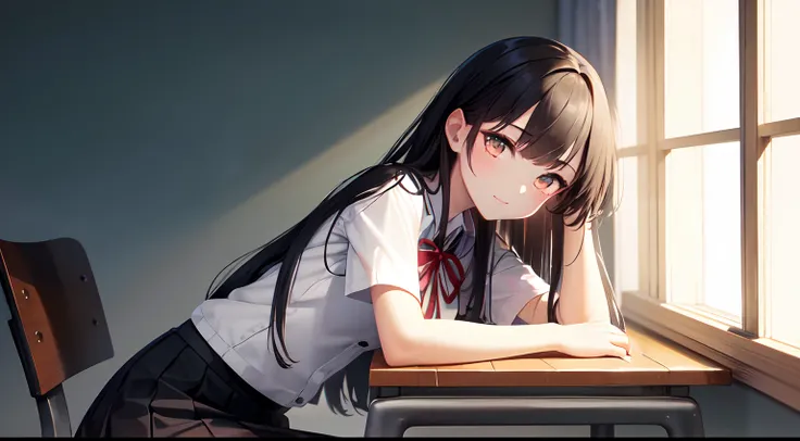 a beautiful junior high school student, (sit straight ),cute, uniform and skirt, (lustrous and black long hair),(bright eyes) ,gradient eyes, (sun light came in through the windows),(anime style),(CG), atmospheric perspective, masterpiece,((from side)), ac...