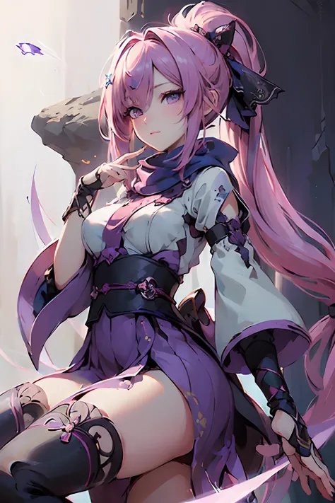 (((​masterpiece)))、(((top-quality)))、((ultra-detailliert))、(highly detailed CGillustration)、Cinematic light、intricate detailes、
full bodyesbian、Chibi、
1girl, Pink hair, poneyTail, a purple eye, (ninjartist), Short sword, Medium Blate ,scarf, wall-paper, ma...