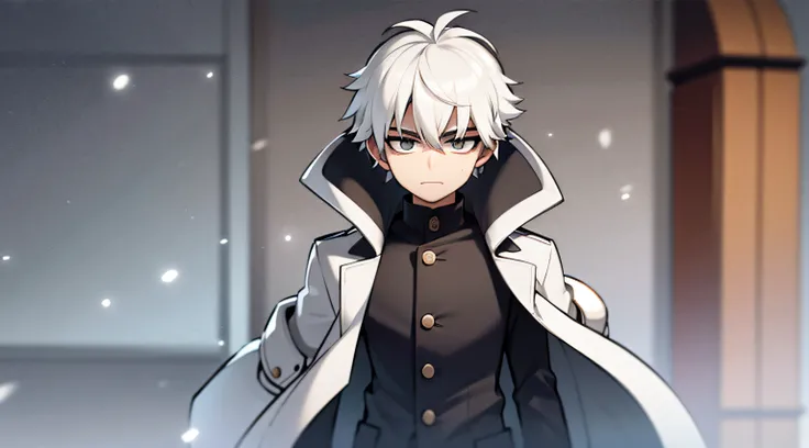 1 man, white hair, wearing a black coat, in snow