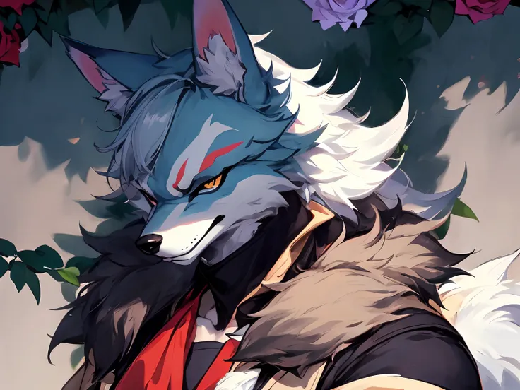 Anime characters with wolf head and coat in rose garden, anime lush john 8k woods, very very beautiful furry art, fursona art, Wolf anime, fox mccloud, Furry anime, High-quality fanart, portrait of a wolf, POV furry art, fursona wearing stylish clothes, po...