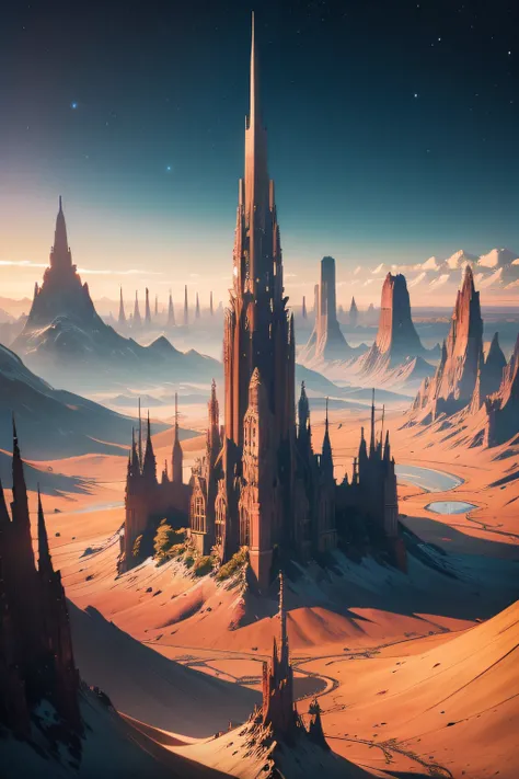 valley with hundreds of giant spires touching the sky on an alien world