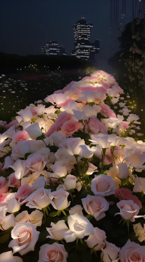 The flowers are in the middle of the lamp field, 🌺 CGSesociety, field of flowers at night, roses in cinematic light, illusory engine ; romantic motifs, Luminous flowers, blossoming path to heaven, lights with bloom, Glowing flowers, an aesthetic field of f...