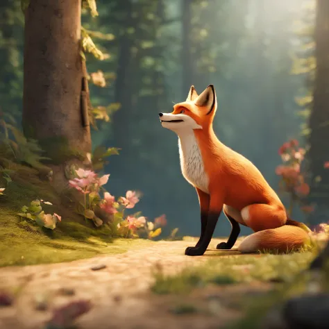 Illustrate a moment when the fox is feeling extremely hungry and desperate for food. Show its longing for a meal and the decision to venture into the forest to find it, style Disney.