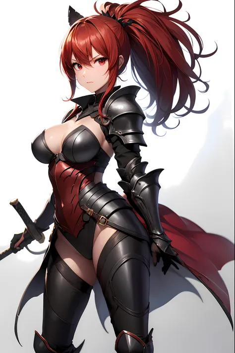 poneyTail、Sexy and revealing armor、full body Esbian、long red hair、Red Eyes、Black Armor、Great sword、s Armor、sexy armor、Aggressive face、Beautuful Women、Outrageous resolution isolated on white background、masutepiece++,top-quality++,ultra-defined++, ultra-defi...