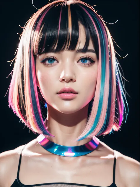 Upper body portrait, jpn, multicolour hair, Long Bob cut, Earphone, Cute girl isometric section 3D hologram, Black and pink neon, Blender Ultra HD rendering, Black background - original style - AR 3:2