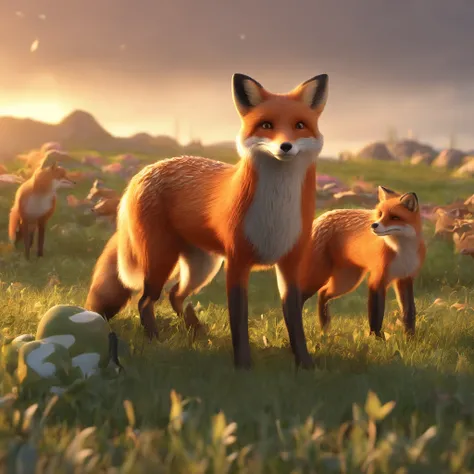 Design a scene where the fox encounters a herd of young bulls grazing peacefully. Capture the tension and fear as the fox approaches one of the calves, style Disney.