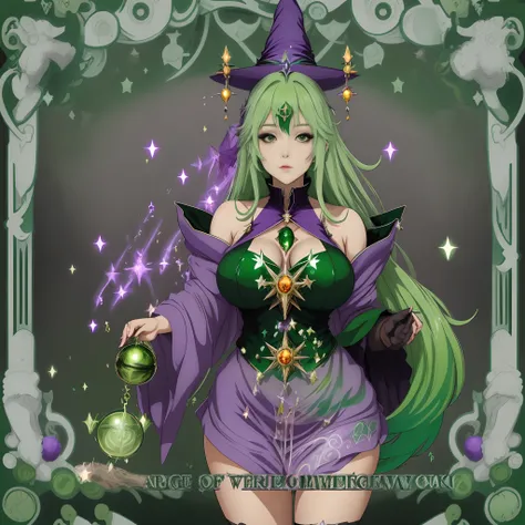 anime girl with green hair and a purple hat holding a green ball, flirty anime witch casting magic, pretty sorceress, a beautiful sorceress, beautiful sorceress, bright witch, sorceress, supervillain sorceress witch, mighty plump female sorceress, portrait...